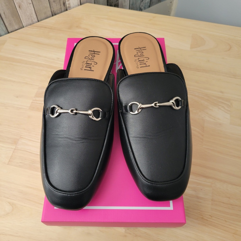 New Hey‎ Girl Charmer Mule Women Size 9 Black Horsebit Loafer Slip On Flat Shoes